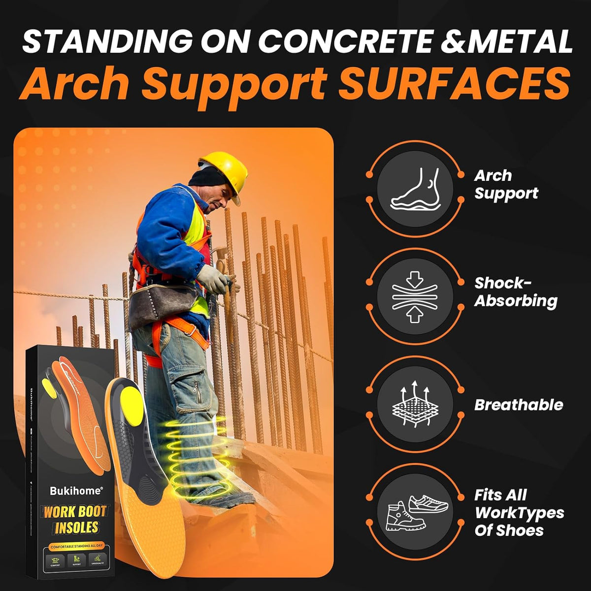 Bukihome Work Boot Insoles for Construction & Standing All Day - Heavy Duty Orthotic Shoe Inserts with Shock Absorption, Arch Support & Fatigue Reduction Durable Support Fits Work Boots -XL