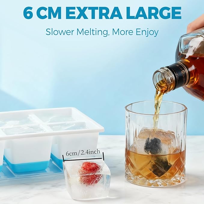 Large Ice Cube Trays 2 Pack, Easy Release 2.4" Super Big Ice Cubes, Stackable Ice Trays for Freezer, Silicone Cocktail, Whiskey Ice Cubes Mold with Lid, Dishwasher Safe - BPA Free