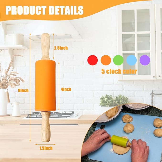 10Pcs 9 Inch Silicone Small Rolling Pin for Kids Wooden Rolling Pins for Baking Mini Silicone 5 Colors Wooden Handle Rolling Pin for Kitchen Cake Baking Cookie