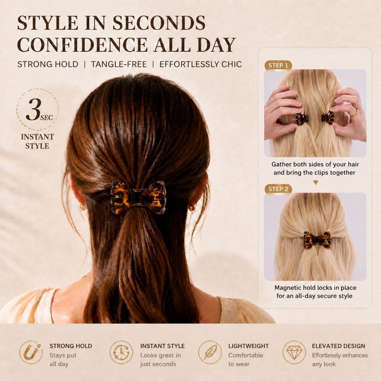 ASTRULUME 2Pcs Magnetic Hair Clips, Strong Hold No-Slip Styling Clips for Layered Styles, Half-Updos and Braids, Seamless 2-in-1 Clavicle Design, Multiple Colors(Yellow)