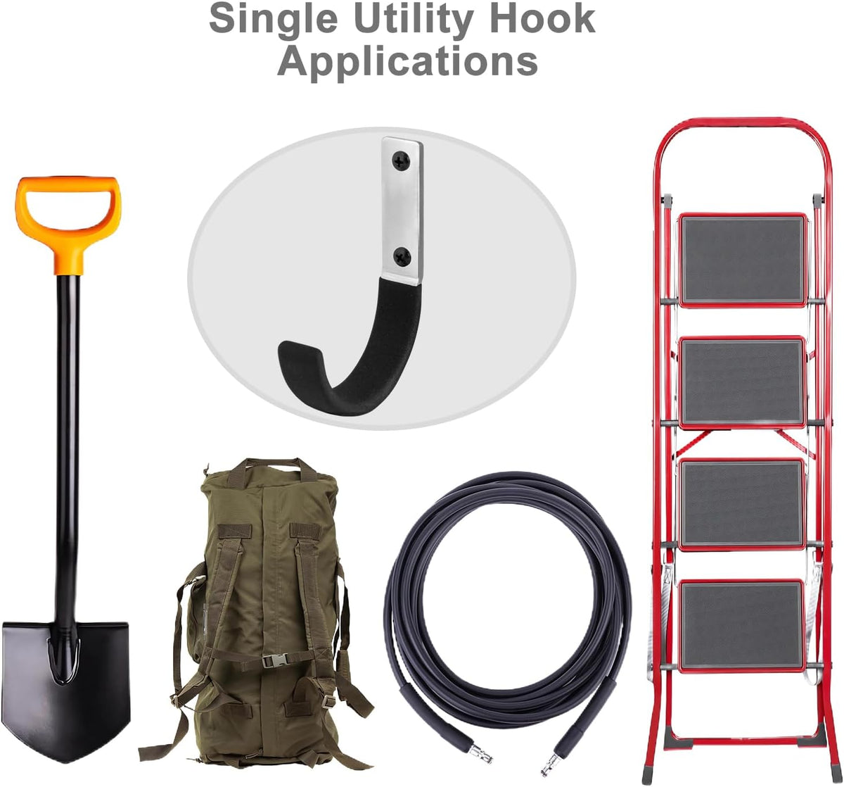 Garage Storage Ladder Hanger 2 Pcs, Upgraded Hose Hanging Hooks, Yard Tool Hangers for Garage Wall, Shovel and Rake Holders, Heavy Duty Utility J-Hooks for Hanging Tools, Ladders, Bicycles