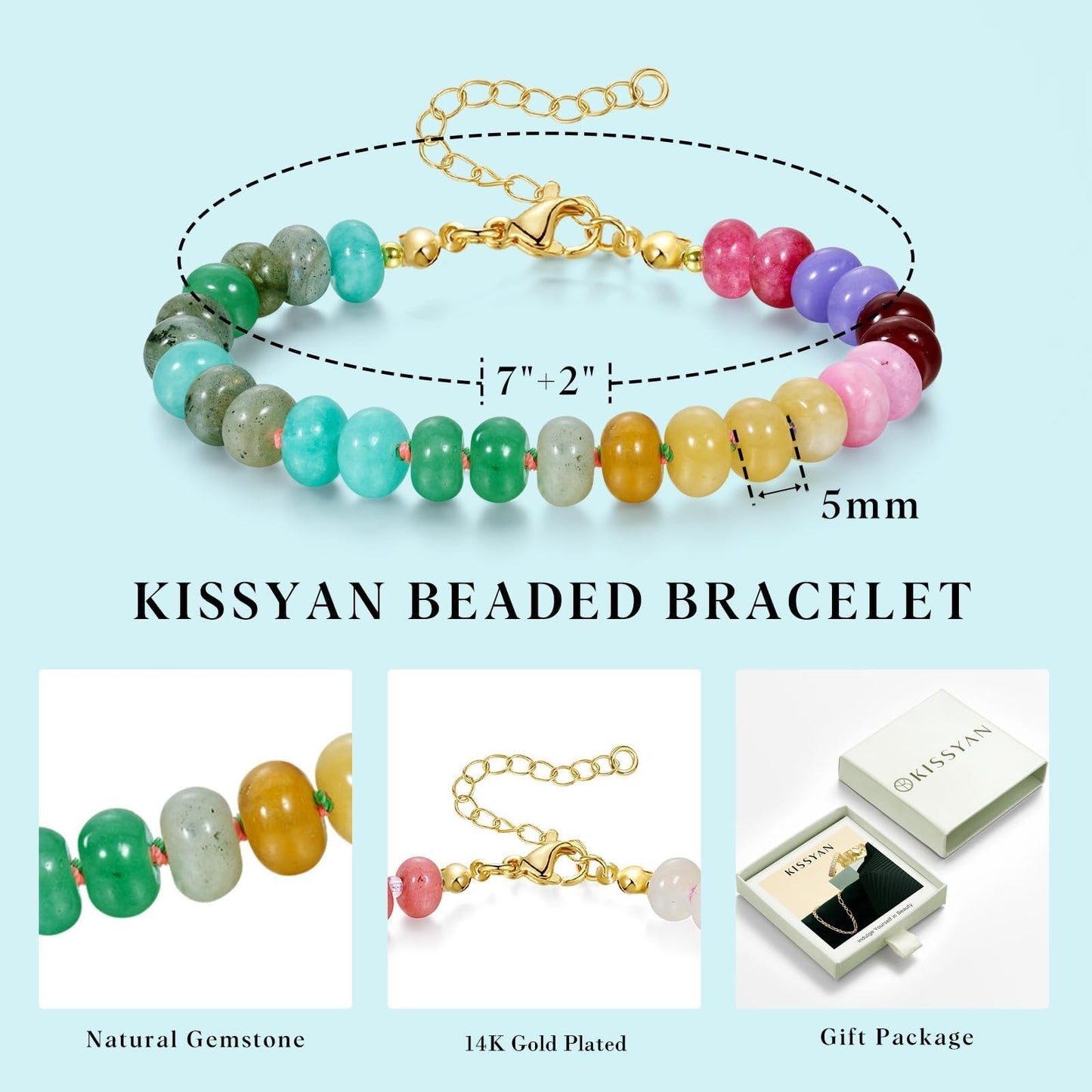 KissYan Beaded Bracelets for Women, Colorful Gemstone Boho Bead Bracelet for Beach, Natural Stone Handmade Summer Jewelry Gifts Style 2