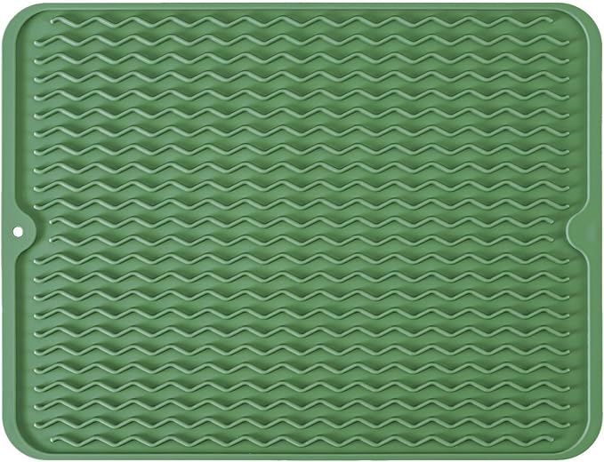 Large 17" x 14" Silicone Dish Drying Mat for Kitchen Counter, Easy clean, Quick Dry, Heat-resistant Dish Drainer Mat for Sink,Refrigerator or Drawer liner (Food Grade Silicone-Dark Green)