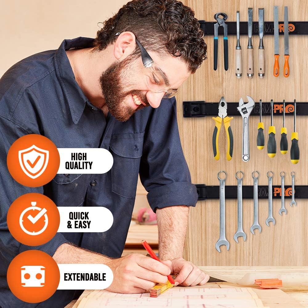 12" Magnetic Tool Holder Strip - A Tool Magnet Bar for Garage Organization, Shop Organization, and Workbench Accessories - Best Gift for Men - Easy To Install in Workshop - Mounting Screws Included.