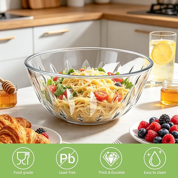 Luvan 5-Pack Glass Mixing Bowls with Lids Set - Leaf Pattern Clear Serving Bowls with Dark Green Translucent Lids, Nesting Borosilicate Salad Bowl, Dishwasher & Microwave Safe