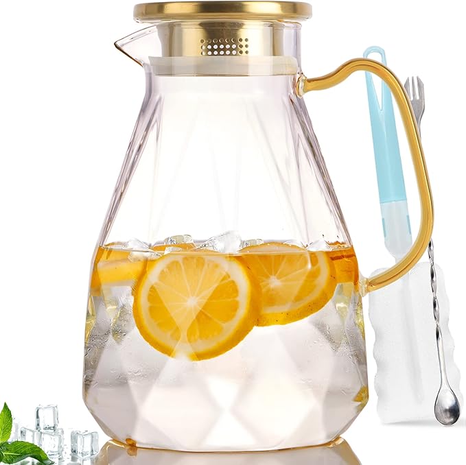Yirilan Glass Pitcher, 2.2 Liter Water Pitcher With Lid,Iced Tea Pitcher for Fridge,Carafe With Lid, Glass Water Jug For Juice, Milk, Cold Or Hot Beverages, 2 Quart
