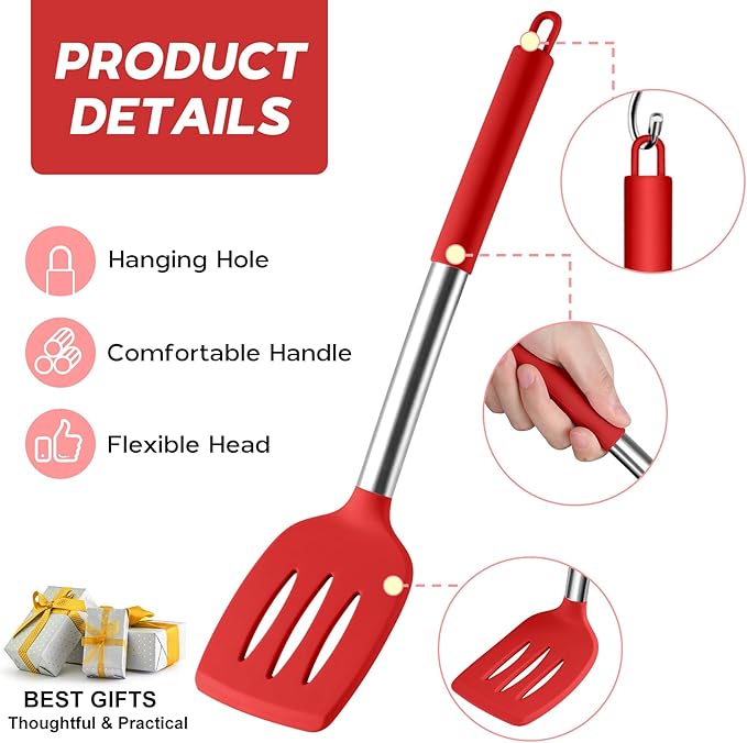 Onader 15 Pcs Silicone Cooking Utensils Set, Red Kitchen Utensils Spatula Set with Holder, Large Kitchen Gadgets Tools for Nonstick Cookware