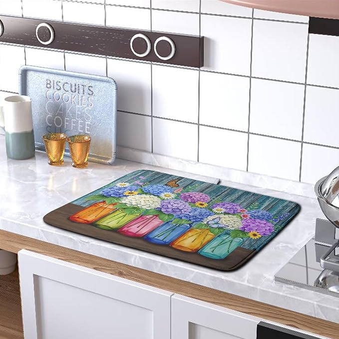 Hydrangea Dish Drying Mat Spring Summer Floral Jars Kitchen Drying Mats for Countertops Vintage Flower Vases Dish Draining Mat Microfiber Absorbent Dish Rack Pad 18x24 Inch