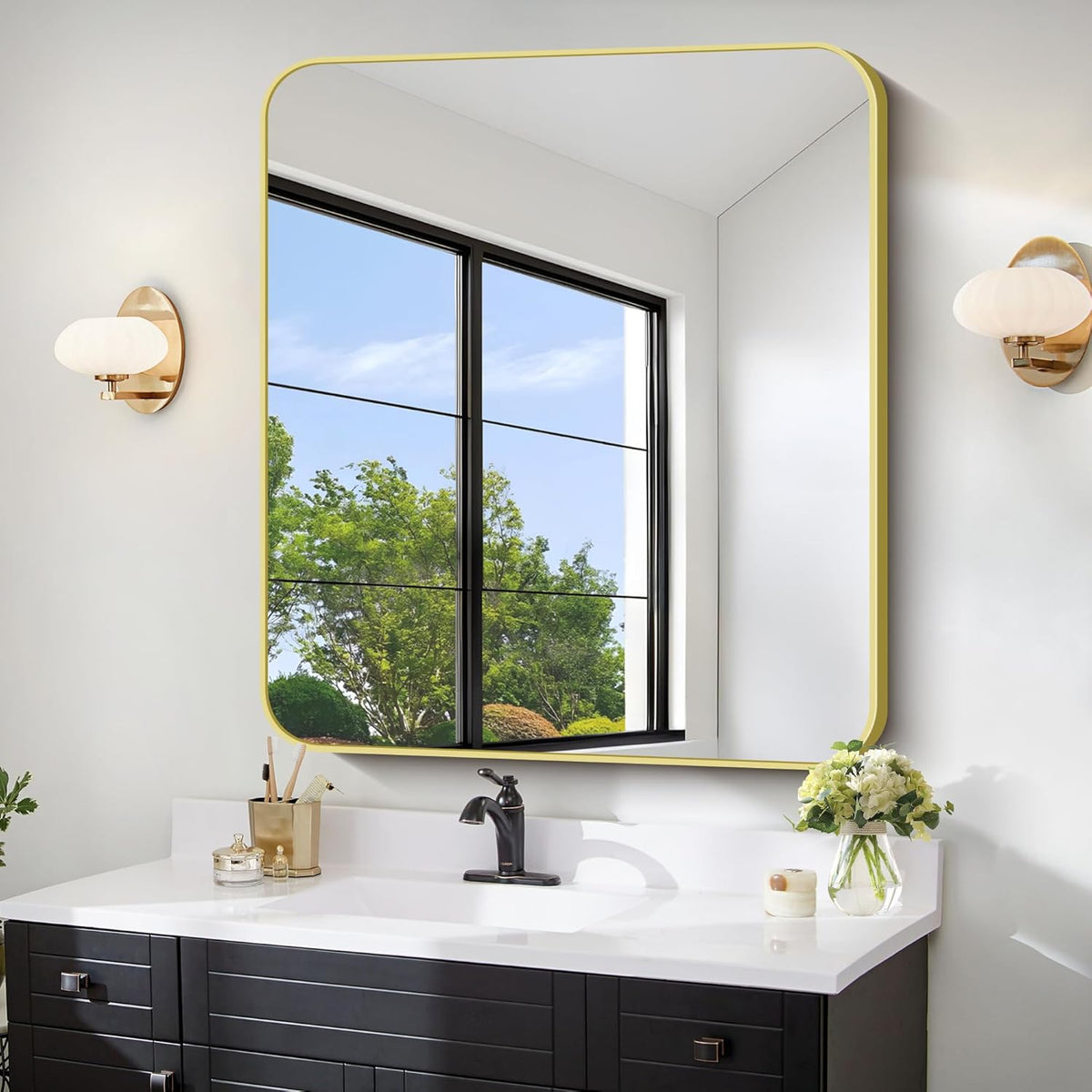 FORBATH 40x36 Inch Gold Bathroom Mirror for Over Sink, Large Rectanglar Wall Mirror with Metal Frame, Rounded Corners for Bathroom, Bedroom, Entryway Decor (Horizontal or Vertical)