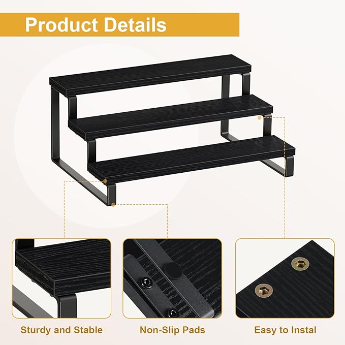 Giikin 3 Tier Spice Rack, Cabinet Organizer Shelf, Wooden Spice Rack for Countertop, Kitchen Counter Storage Shelves Cupcake Stand Holder Display Stand, Black