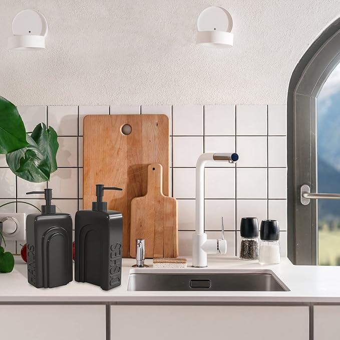Soap Dispenser Set with Stainless Steel Pump, 2 Pack Ceramic Refillable Dish Soap and Hand Soap Dispenser for Kitchen, Bathroom, Matte Black