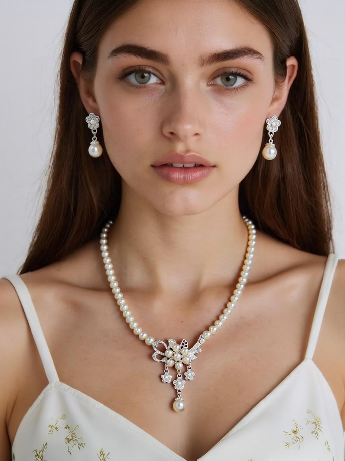 Meztole Pearl Necklace and Earring Set for Women,Pearl Jewelry Set Fake Pearls Necklace Imitation Beaded Collar de Perlas Para Mujer Necklaces for Prom Bridesmaid Costume Accessories C-Silver Flower