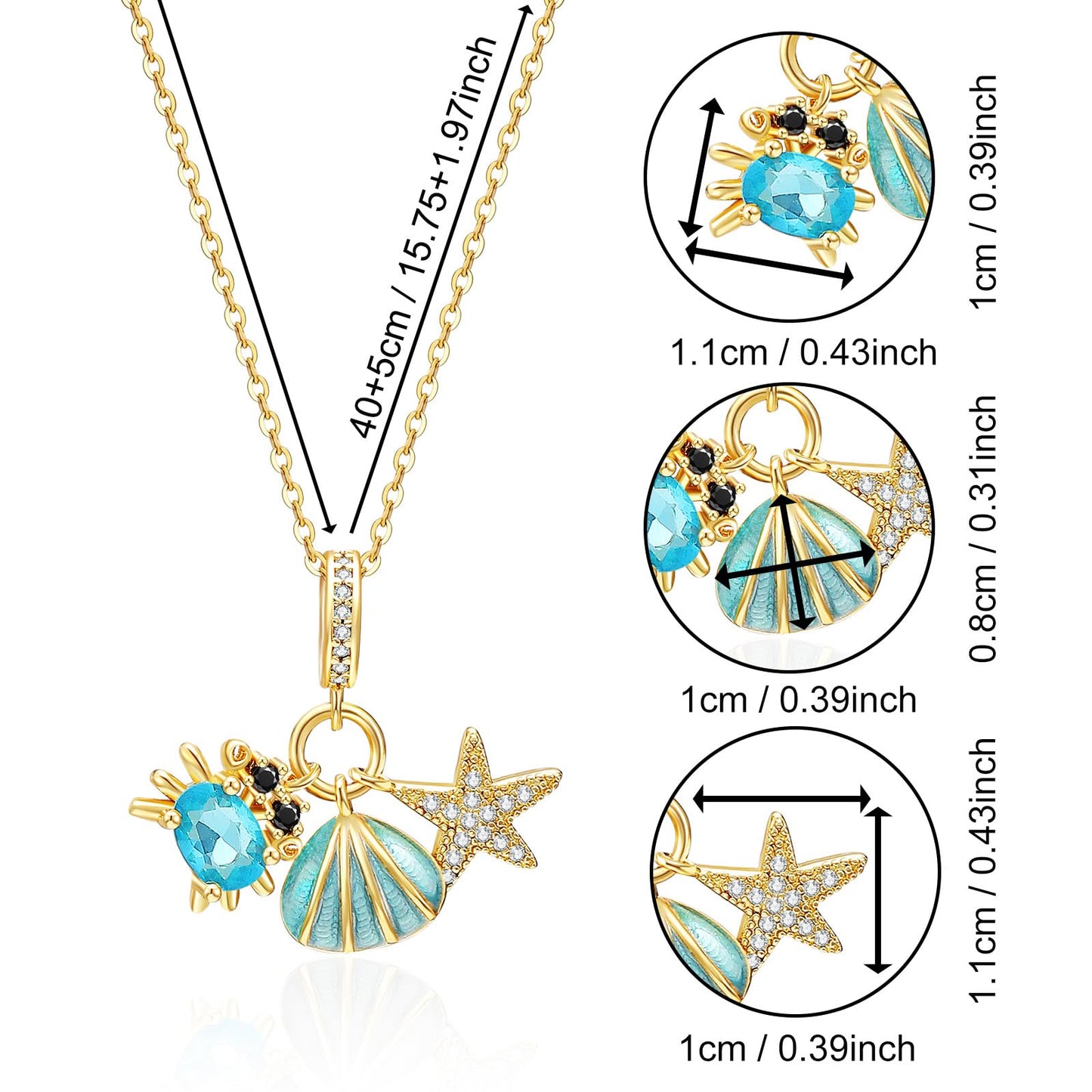 crataly Beach Holiday Aquamarine Necklace For Women-Gold Plated Mini Crab Enamel Seashell CZ Starfish Necklace For Graduation Valentines Day Mother's Day Christmas Birthday Gifts
