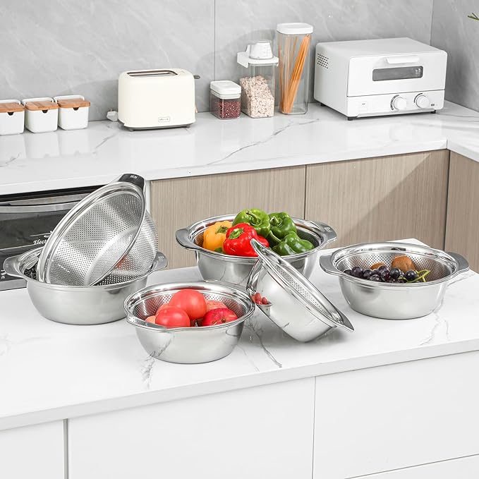 304 Stainless Steel Microporous Colander with Handle, Rice Washers Microporous Strainer Set For washing vegetables, fruits and rice, and draining cooked pasta.