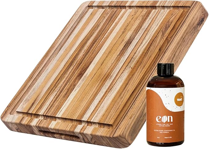 Teakhaus Carving Board and Cutting Board Oil Set - Includes Small (S) Wood Cutting Board with Juice Groove and EON Food Grade Mineral Oil - Knife-Friendly - FSC Certified