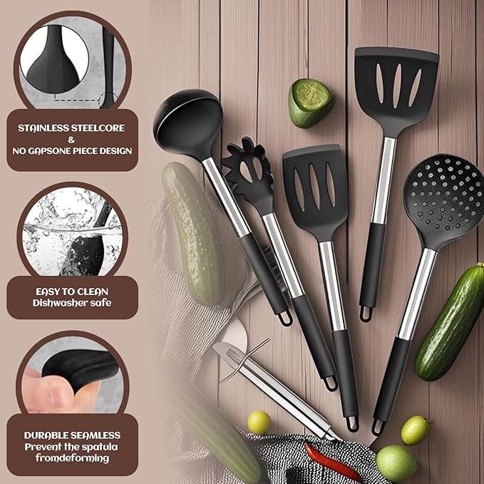 40 Pcs Kitchen Utensils Set Silicone Cooking, 446℉ Heat Resistance Stainless Steel Metal, Spaghetti Spoon Cookware Utensils, Rubber Tools Nonstick Kitchenware Can Dishwasher Safe