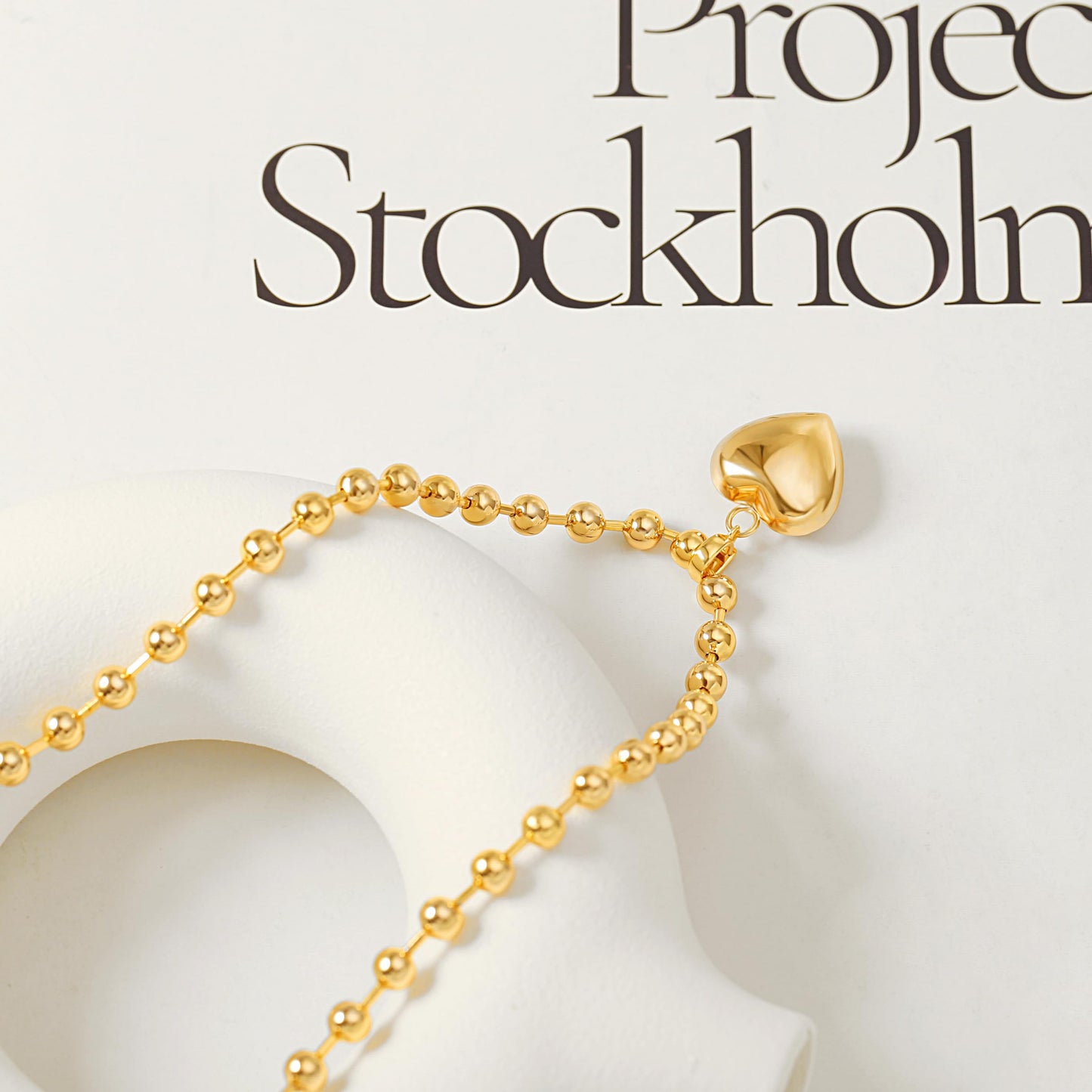 PEARLADA Statement Gold Plated Heart Pendant Necklace, Chunky Beaded Ball Chain Necklace, Trendy Jewelry y2k Necklace