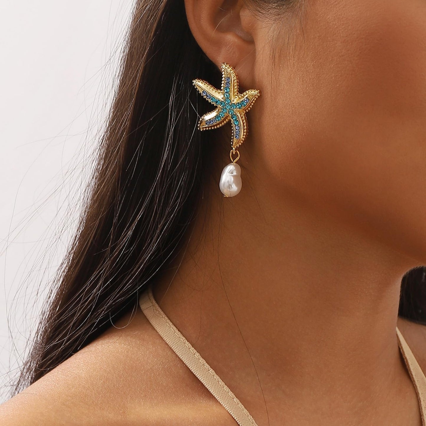 Gold Starfish Pearl Earrings for Women Vintage Charm Blue Sea Star Shell Ocean Animal Chic Crystal Rhinestone Seashell Baroque Pearls Dangle Drop Earrings for Boho Summer Beach Party Holiday Jewelry (Blue starfish)