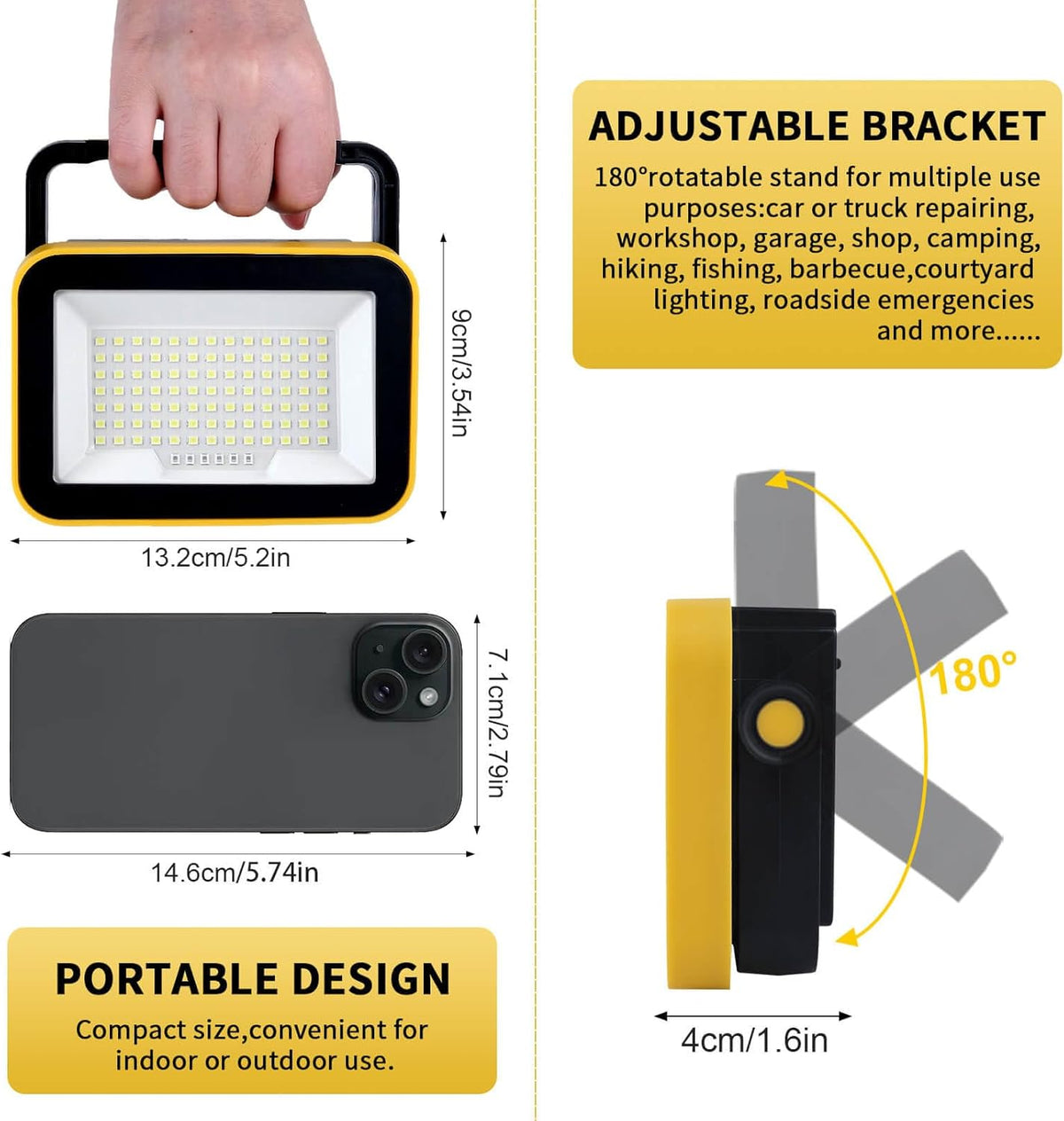 Rechargeable Work Light with Tripod Hole, 40W Portable Flood Light Battery Powered, Waterproof LED Work Lights Cordless Job Site Lighting 180° Rotate for Garage Camping Car Repairing