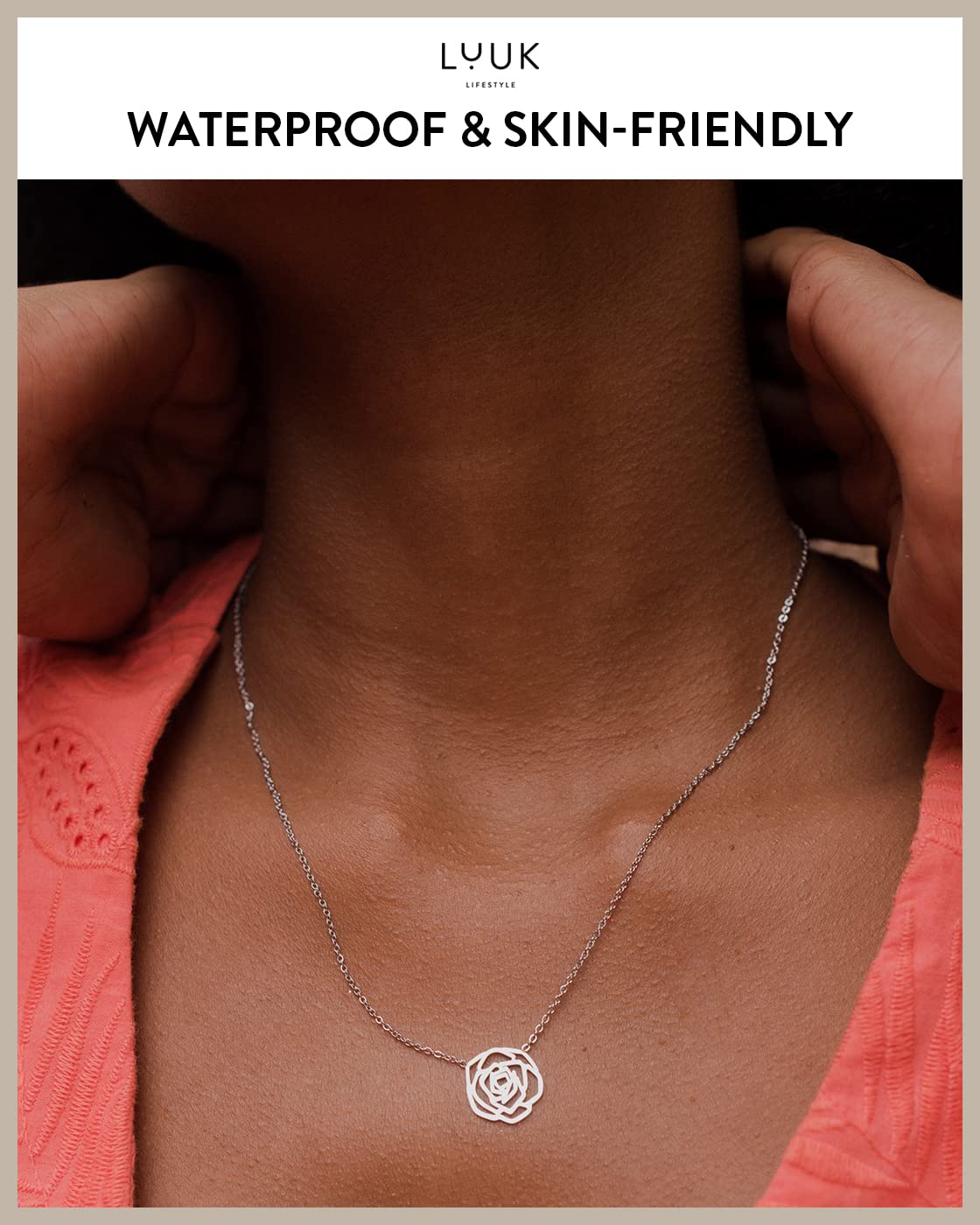 LUUK LIFESTYLE Feminine necklace in quality stainless steel with Rose flower pendant and HAPPINESS gift card, jewelry for women, floral motifs, waterproof and skin-friendly, fine design, silver