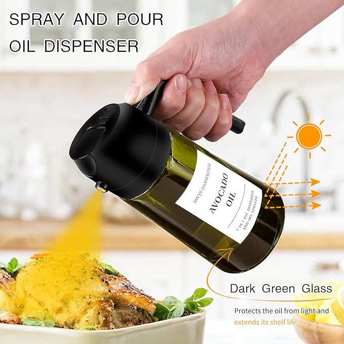 DWTS DANWEITESI Oil Sprayer for Cooking 2pcs,2 in 1 Oil Dispenser and Oil Sprayer Kitchen Gadgets,16oz Dark Green Glass Oil Spray Bottle(Light Blockage),Perfect Kitchen Accessories