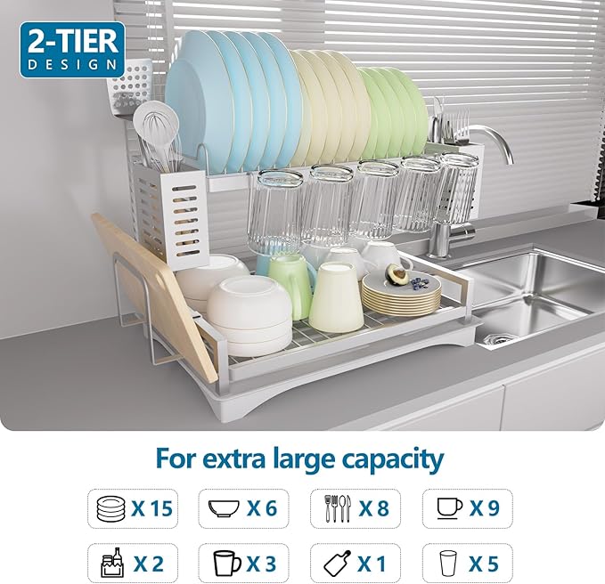 B-Land Dish Drying Rack: 2 Tier Dish Racks for Kitchen Counter - Large Rust Proof Dish Drying Rack with Aluminum - Detachable Dish Drainer Organizer with Utensil Holders Drainboard Silver