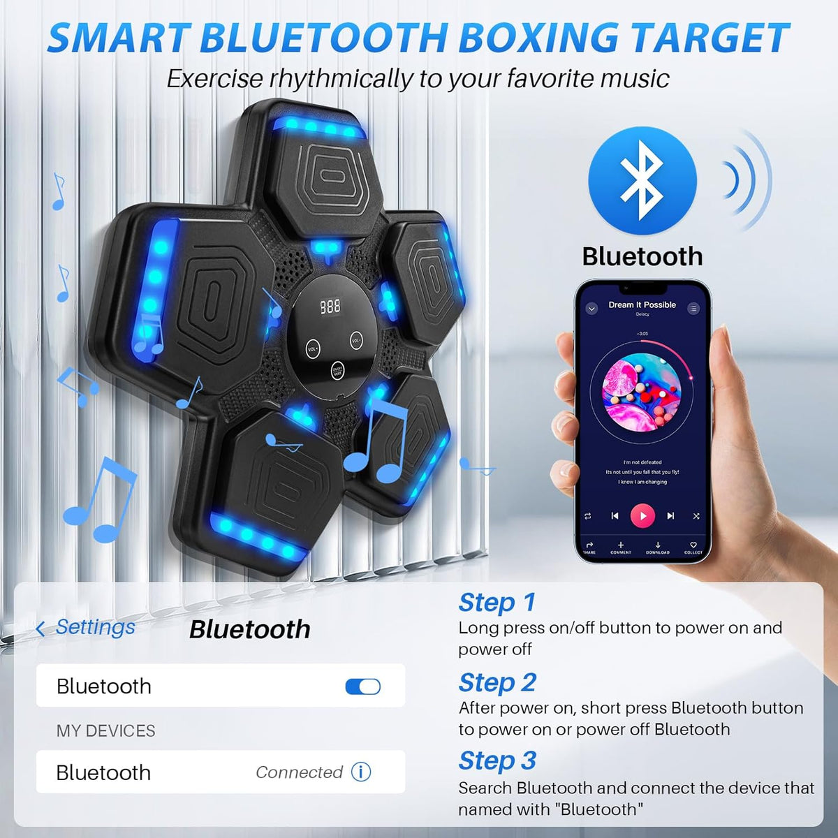Music Boxing Machine, Bluetooth Music Punching Machine with Gloves, Electronic LED Boxing Training Equipment Wall Mounted, 9 Modes & 9 Speeds, Boxing Target for Home, Office, Gym