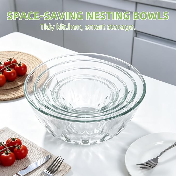 Luvan 5-Pack Glass Mixing Bowls with Lids Set - Leaf Pattern Clear Serving Bowls with Dark Green Translucent Lids, Nesting Borosilicate Salad Bowl, Dishwasher & Microwave Safe