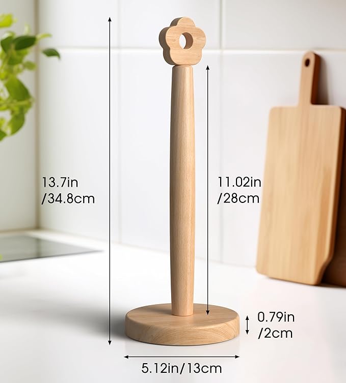 KitchLife Cute Wooden Paper Towel Holder for Countertop with Weighted Base – Solid Freestanding Paper Towel Stand Dispenser with Anti-Slip Base, Flower Top