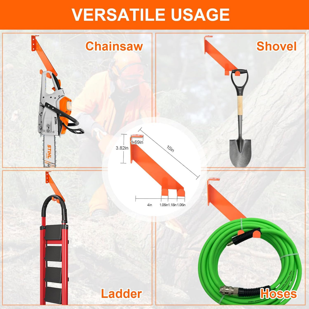 3 in 1 Chainsaw Holder 10" - Heavy Duty Chainsaw Wall Mount, 10 Gauge Steel Chain Saw Hanger for Garage Organization, Hefty Rack Storage Organizer for Chainsaw Accessories and Tools, 180lbs Capacity