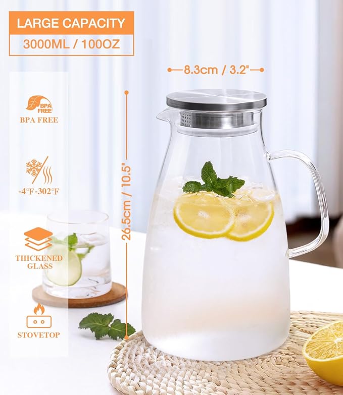 Glass Pitcher with Lid, 3 Liter 100oz Water Pitcher with Handle and Spout for Fridge, Borosilicate Glass for Iced Tea, Juice, Sangria, Cold/Hot Beverage, Large Jug