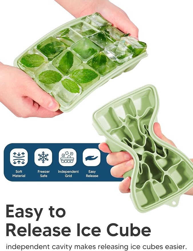 Silicone Ice Cube Tray, 2 Pack Ice Trays for Freezer with Lid, Easy Release and Stackable Silicone Ice Molds, Covered Ice Cube Trays for Cocktails, Whiskey, Coffee (Green)