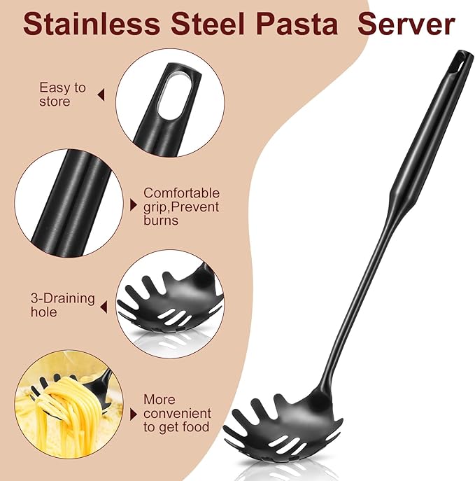 Patelai 2 Pcs Stainless Steel Pasta Spoon with Teeth Large Spaghetti Utensil, 9.4'' Tong and 13.6'' Pasta Fork with Vacuum Handle, Comfortable Grip Design Spoons for Kitchen(Black)