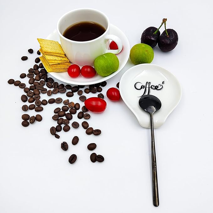 Coffee Spoon Rest, Small Ceramic Coffee Spoon Holder, Porcelain Spoon Holder, Ceramic Spoon Rest for Tablespoon,Teaspoon,Bar Spoon,Coffee Bar Accessories (Spoon Rest+Black Spoon)