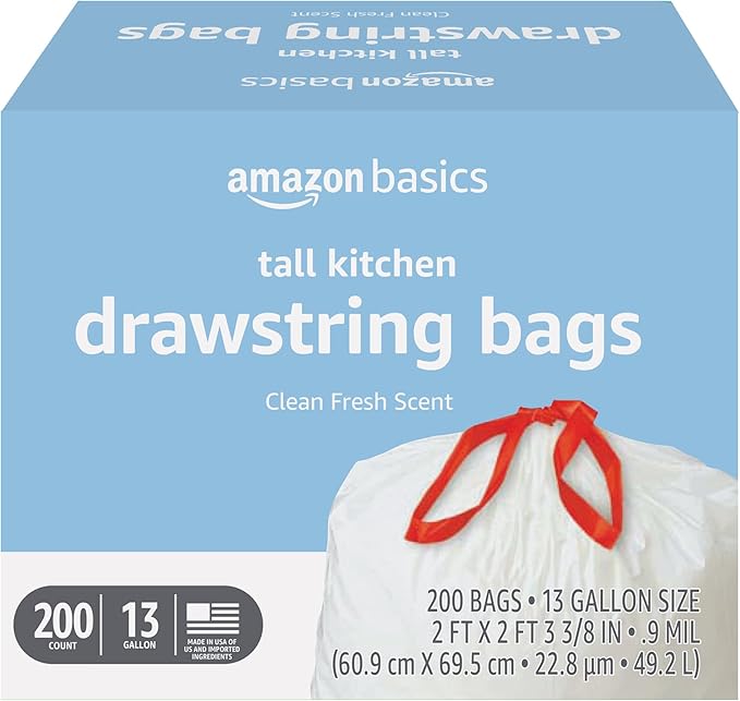 Amazon Basics Scented Trash Bags, Tall Kitchen Drawstring, Clean Fresh Scent, 13 Gallon, 200 Count, Pack of 1