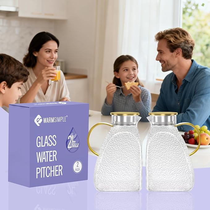 WARMSIMPLE 2 Pack Glass Pitcher With Handle And Lid, Large 2 Liter Glass Water Pitcher For Fridge, 68oz glass Tea pitcher Hot And Cold Iced Juice Coffee Milk, Jug Carafe For Beverages Drink