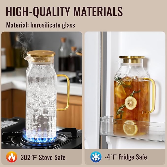 2 Liter/68 oz Square Glass Pitcher with Lid, Classic Stripes Water Pitchers with Handle for Fridge, Large Jug for Iced Tea, Coffee, Borosilicate Glass Carafe for Hot/Cold Brew Drink, Gold