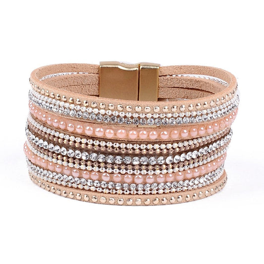 Artilady Leather Bracelet for Women-Boho Wrap Cuff Bracelets Multi Layered Crystal Bead Bangle Bracelets With Magnetic Clasp Jewelry for Women