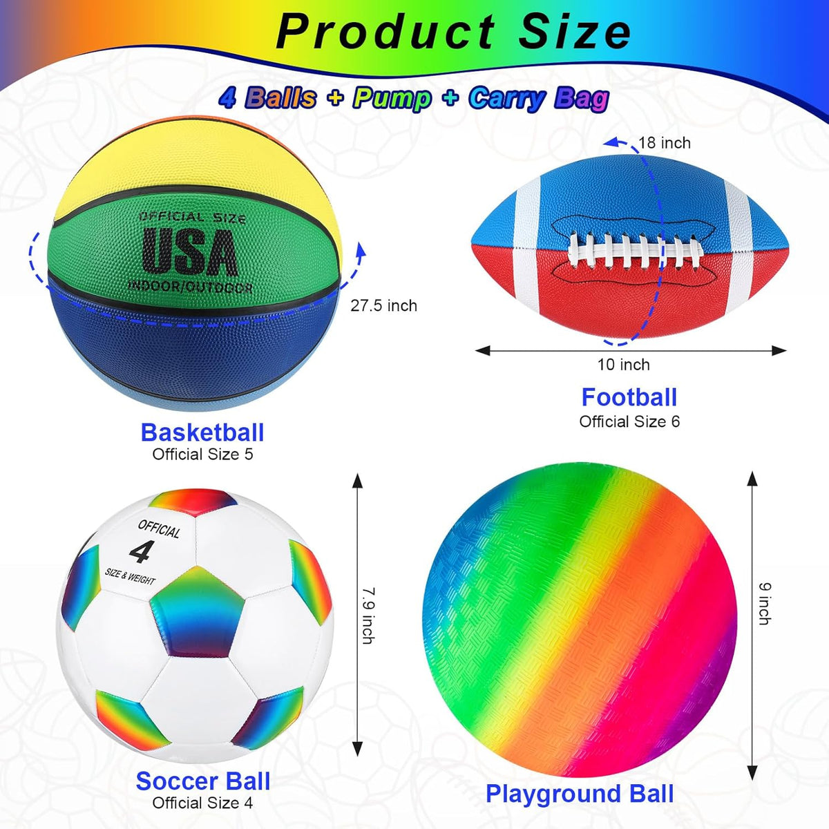 Deekin 4 Pcs Sport Balls Set for Kids Teens, Include Official Size 5 Basketball 4 Soccer 6 Football Playground Ball and Pump Sports Equipment Bag Recess Equipment Sport for Students(Rainbow Color)