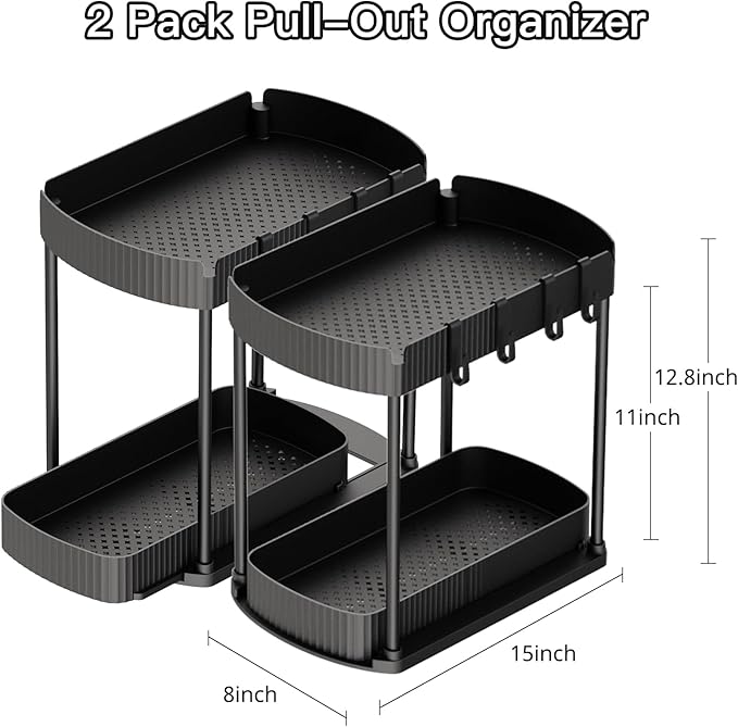 Ukeetap Multi-Purpose Pull-Out Storage Organizers, Under Sink/Cabinet Organizers and Storage for Bathroom & Kitchen, Black, 12.8 Inches, 2 Packs