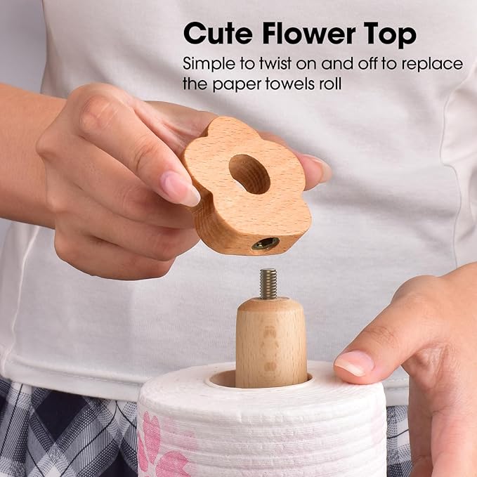 KitchLife Cute Wooden Paper Towel Holder for Countertop with Weighted Base – Solid Freestanding Paper Towel Stand Dispenser with Anti-Slip Base, Flower Top