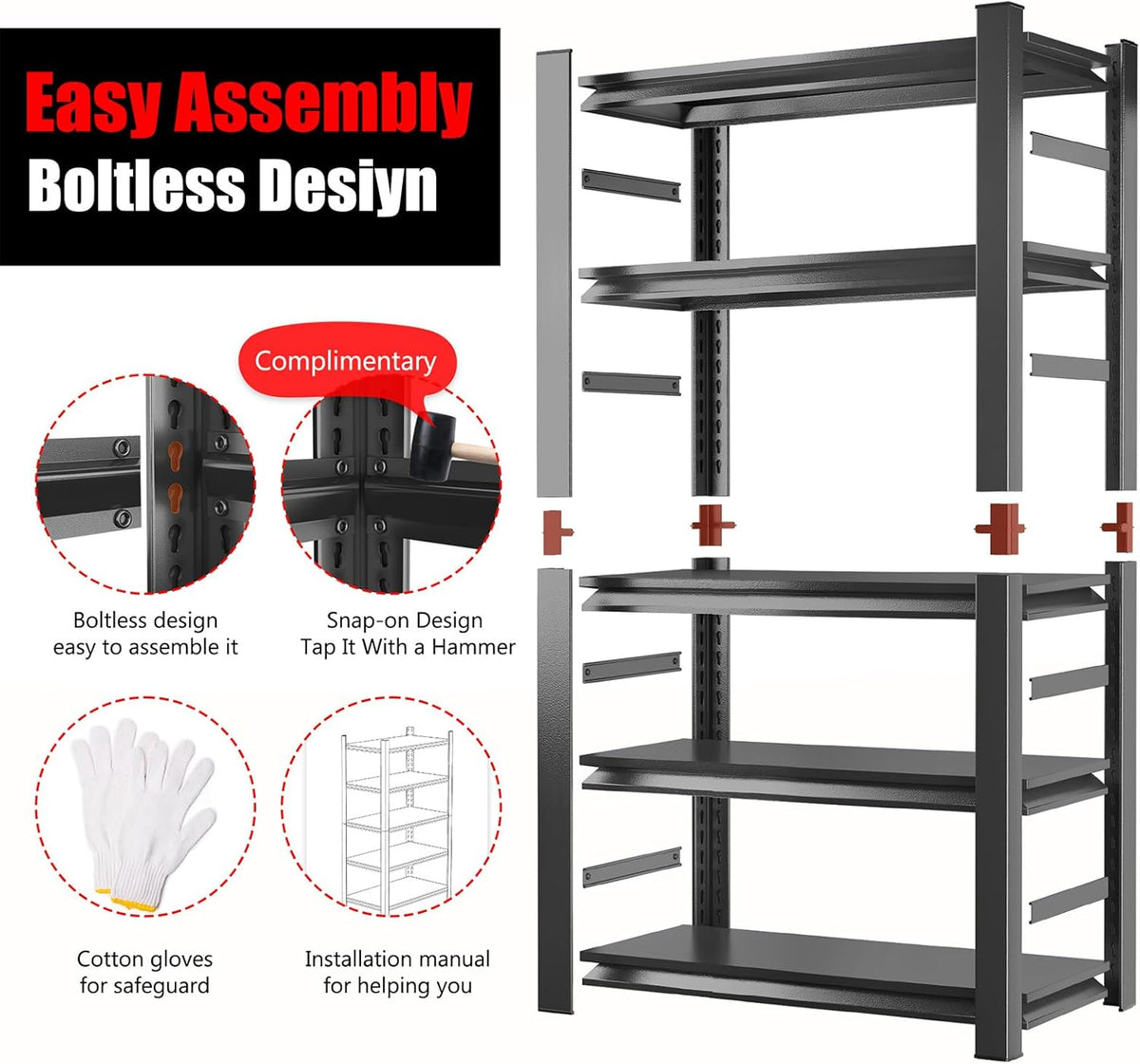 63" H Garage Shelving 3000LBS Heavy Duty Steel Shelving Units, Adjustable 5 Tier Metal Industrial Garage Storage Shelves for Kitchen,Utility Room and Basement, 31.5''Wx15.87''Dx63''H, Black