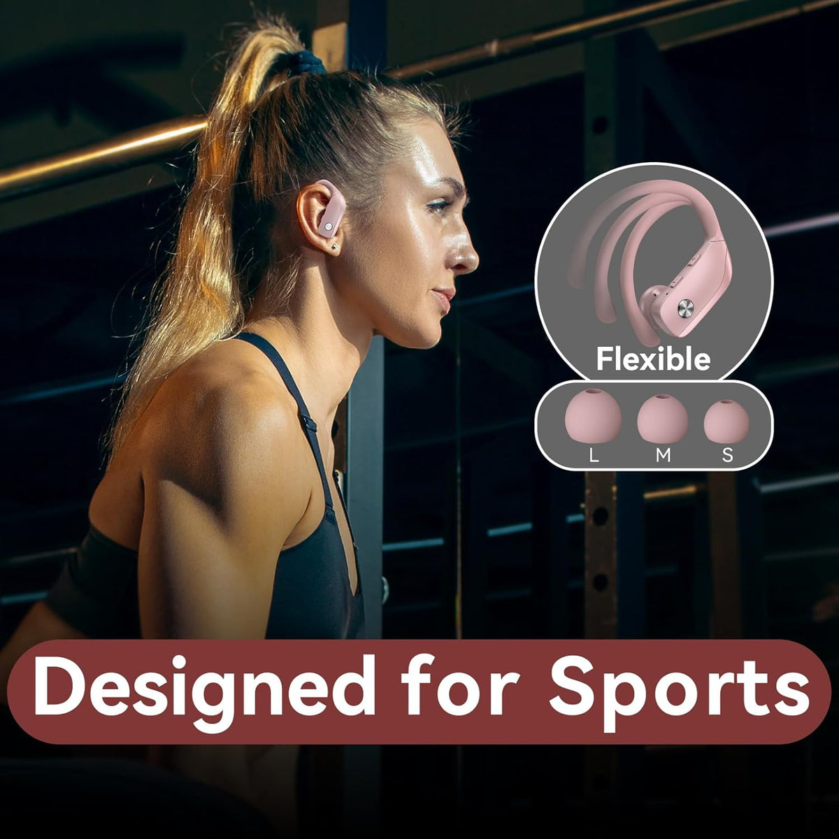 bmani Ear Buds Wireless Earbuds Bluetooth Headphones with 80H Playtime LED Display Case, Over-Ear Hook with Mic, Stereo Sound, Easy Button Controls, Sports Earphones for Running Workout Gym Pink
