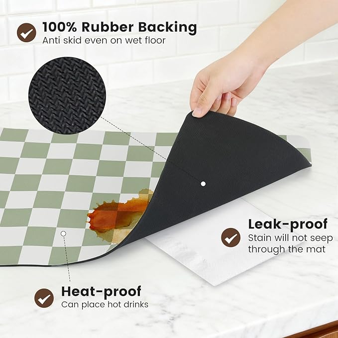 17" x 32" Checkered Dish Drying Mat for Kitchen Counter, Absorbent Coffee Bar Mat for Espresso Machine Coffee Countertops Accessories, Sage