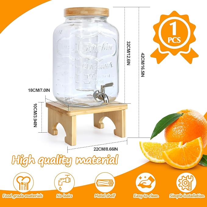 2 Gallon Drink Dispenser with Stand，Glass Beverage Dispenser With Wood Stand, 18/8 Stainless Steel Spigot and Labels Large Water Drink Dispensers for Parties, Lemonade,Juice, Tea