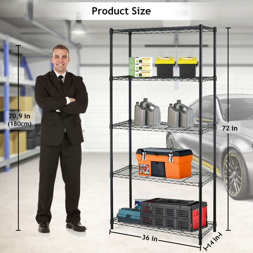 Wire Shelving Unit Commercial Metal Shelf Adjustable Layer Rack Strong Steel for Restaurant Garage Pantry Kitchen Garage (36×14×72, Black)
