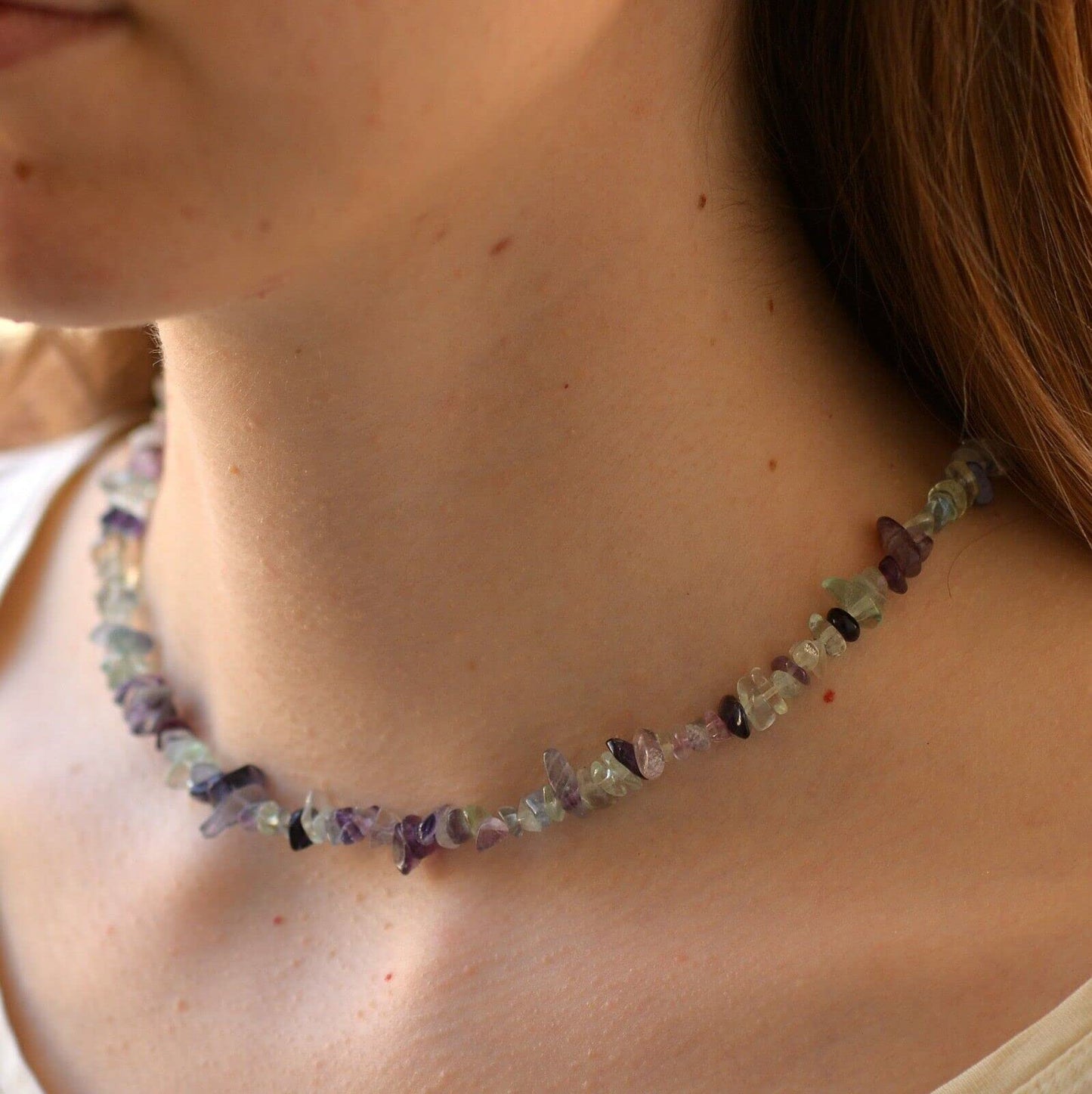 POTESSA Natural Chip Stone Choker Necklace Irregular Rainbow Fluorite Beads Healing Crystal Necklace for Women