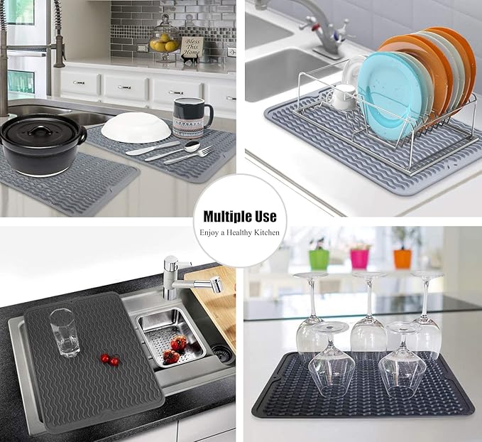 Silicone Dish Drying Mat for Multiple Usage, Easy clean, Eco-friendly, Heat-resistant Dish Drainer Mat for Kitchen Counter,Sink,Refrigerator or Drawer liner (16" x 12", BEIGE)