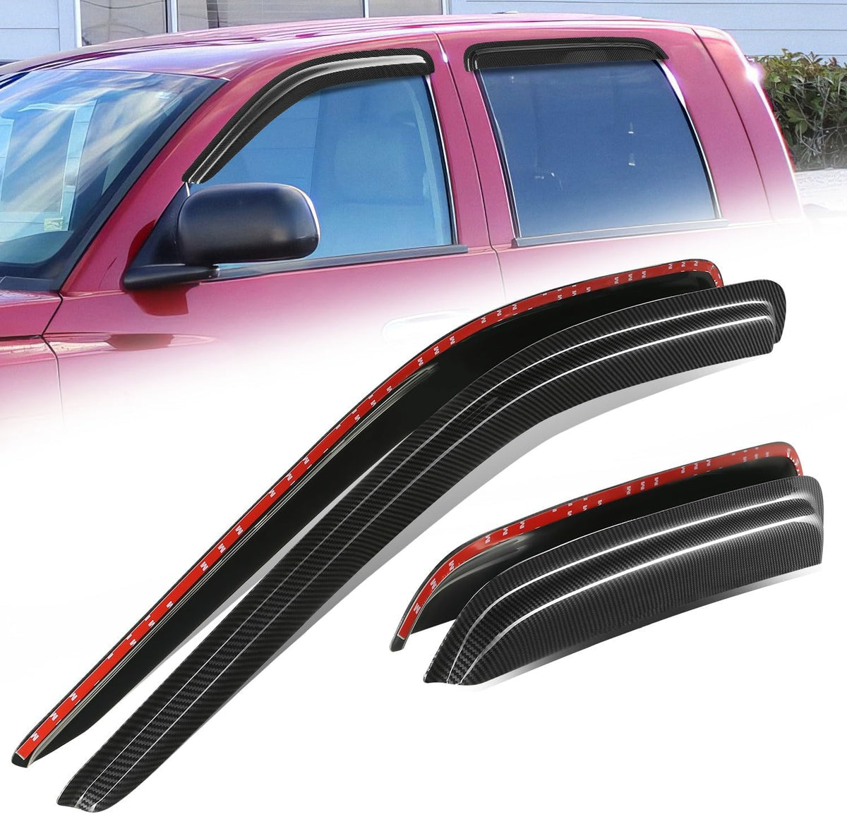 Auto Dynasty 4Pcs Carbon Fiber Pattern Window Visors Compatible with 2005-2010 Dodge Dakota Crew Cab, Tape-On Front & Rear Window Deflectors Rain Guards Sun Wind Air Side Vent Shade, Glossy Black