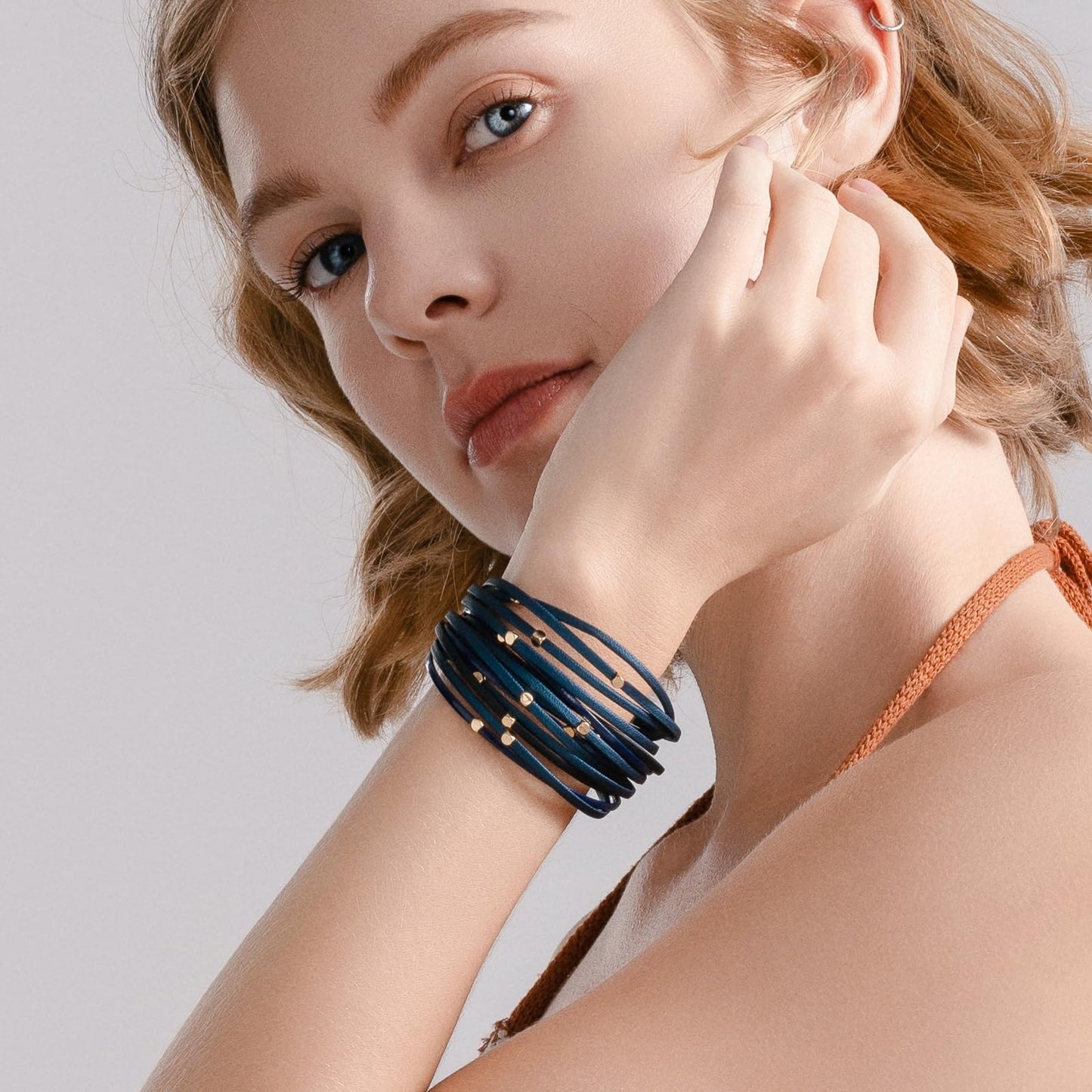 FANCY SHINY Beaded Leather Wrap Bracelets Cute Boho Stackable Bangle Cuff with Magnetic Clasp Layered Trendy Jewelry for Women(Navy Blue)
